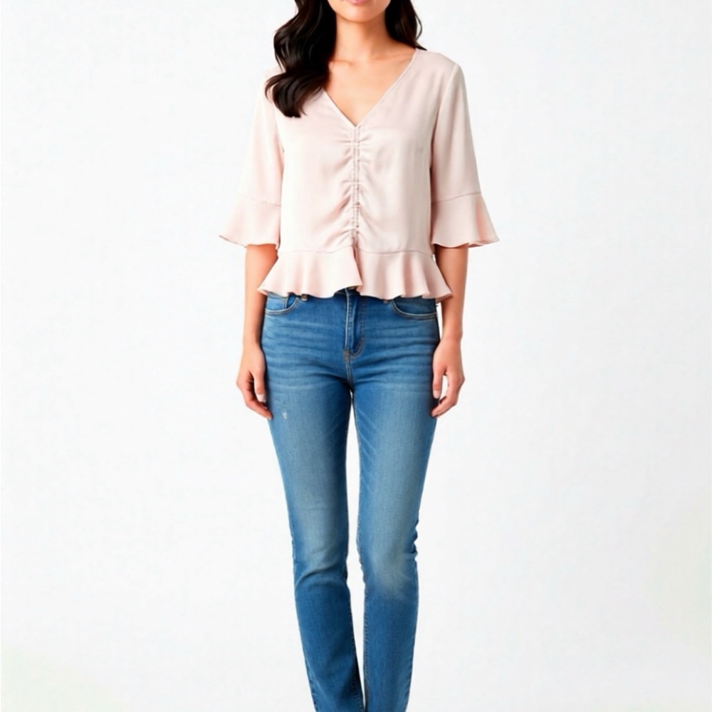 Feminine Light Pink Ruffled Ruched Top – Size S